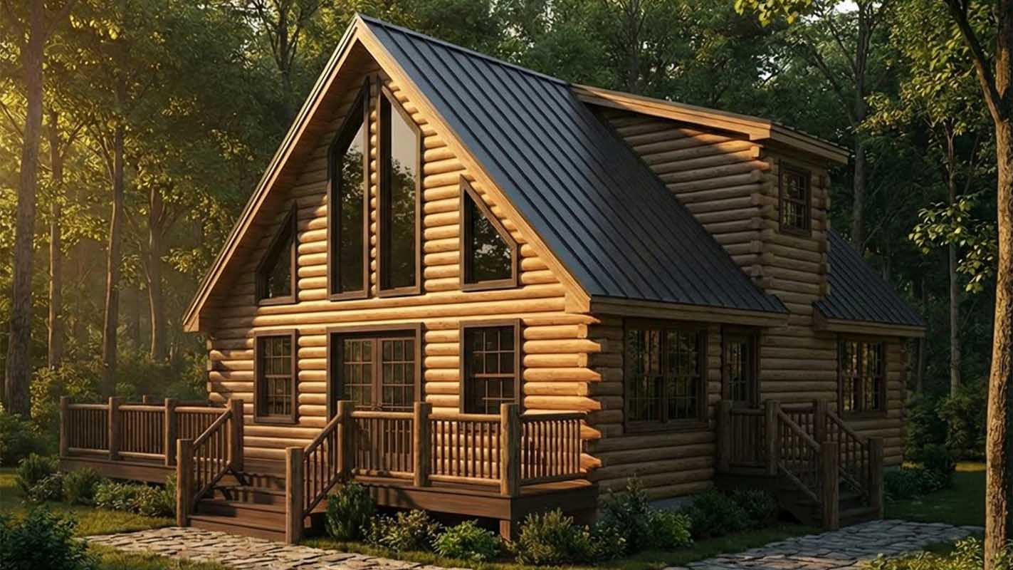 Lake Front Log Cabin Model - ELogHomes, image size:1423x800