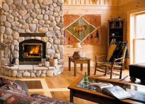 Log House Living Room with Fireplace - Bentwillow