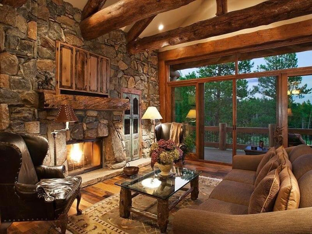 Living Room with Balcony and Fireplace - Denali