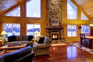 Living Room with Dining and Fireplace- Aurora