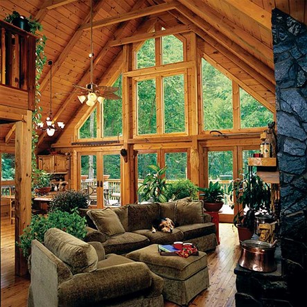 Biophilic Log Home Cabin Kit High Ceiling Design