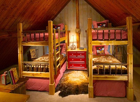 Set of Wood Bunk Beds in Log Cabin