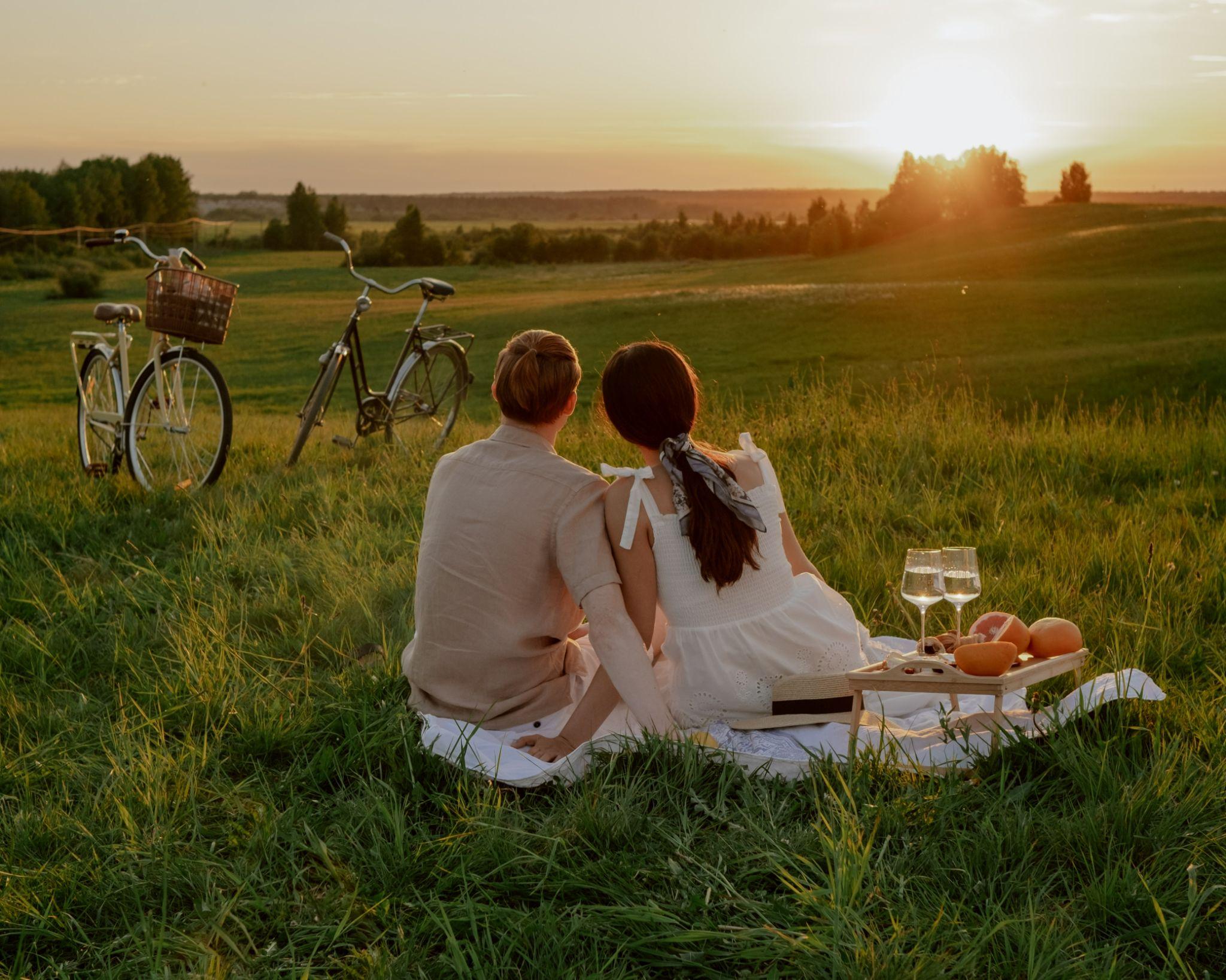 Back view of a couple looking at the sunset