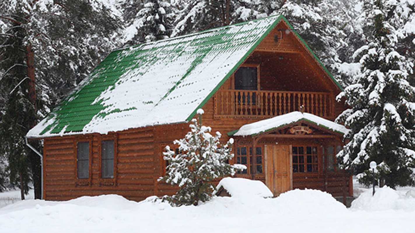 Snow Covered Log Cabin with Green Roof