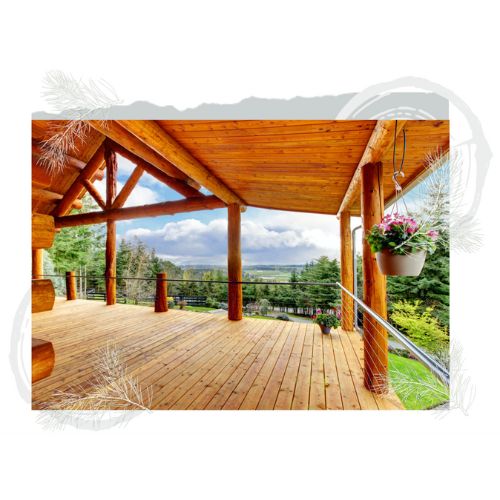 log home porch with expansive beautiful view