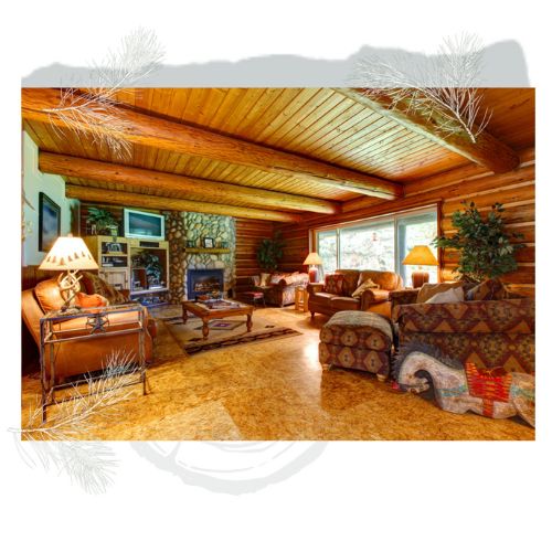 log home great room interior view