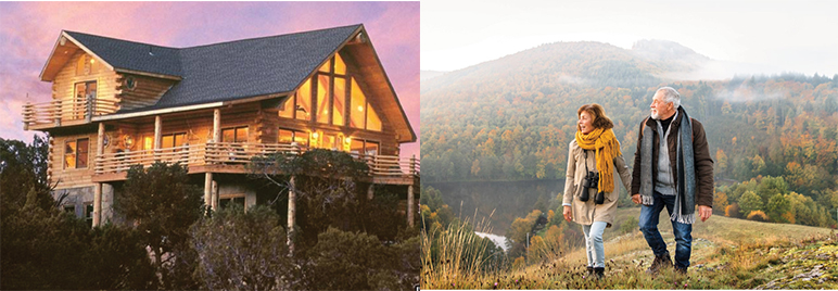 Log Cabin Home and People Hiking By a Lake