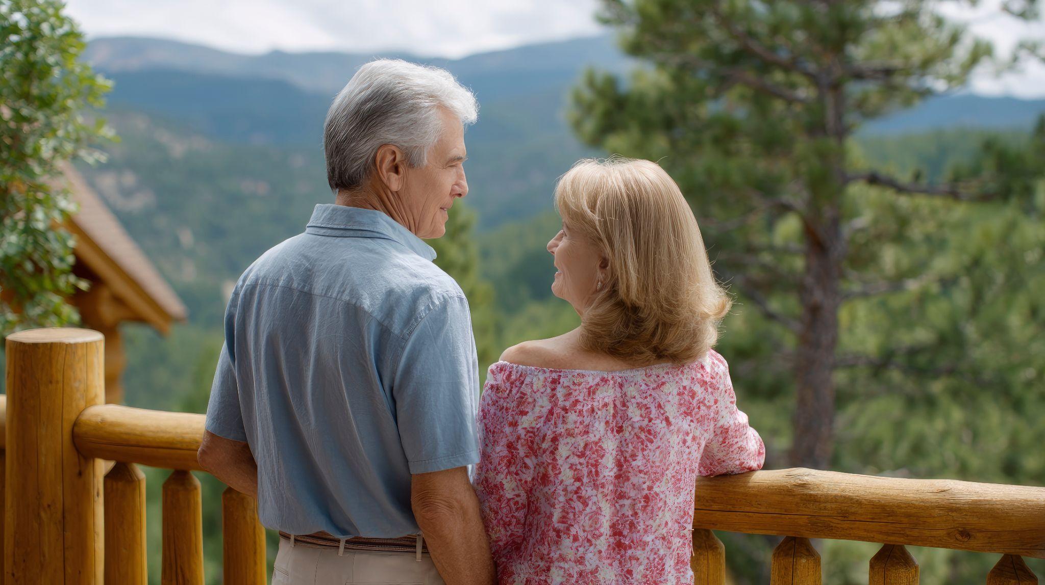 Senior couple on the balcony of a log home
