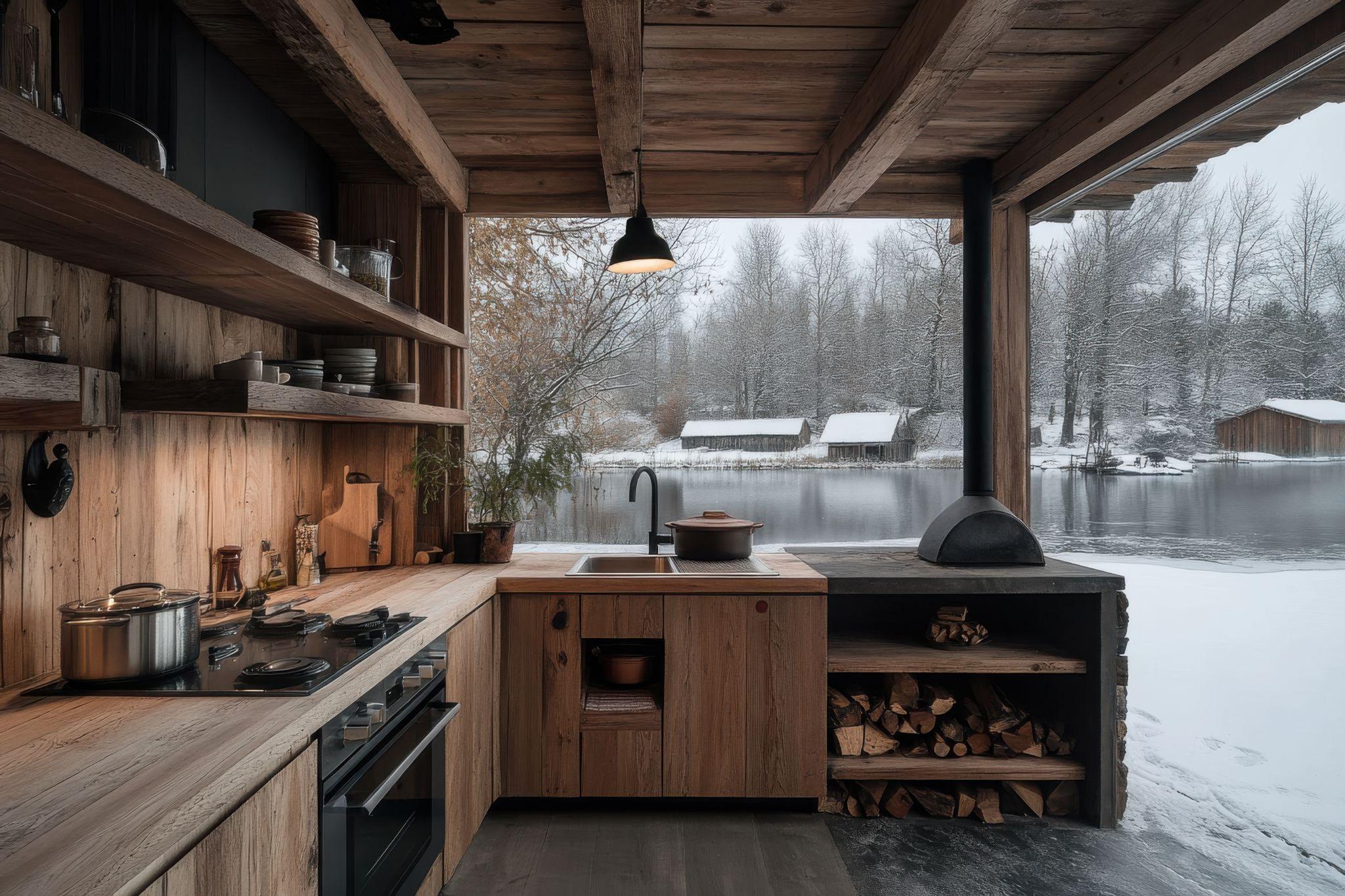 Covered outdoor kitchen for log cabin with wood cabinets and pizza oven.